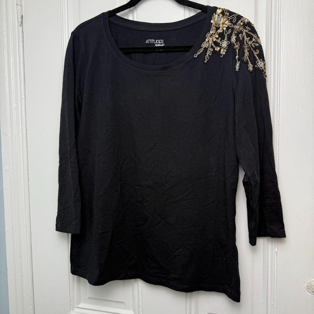QVC Attitudes by Renee Embriodered 3/4 Sleeve Top Womens Medium Black Gold NWOT